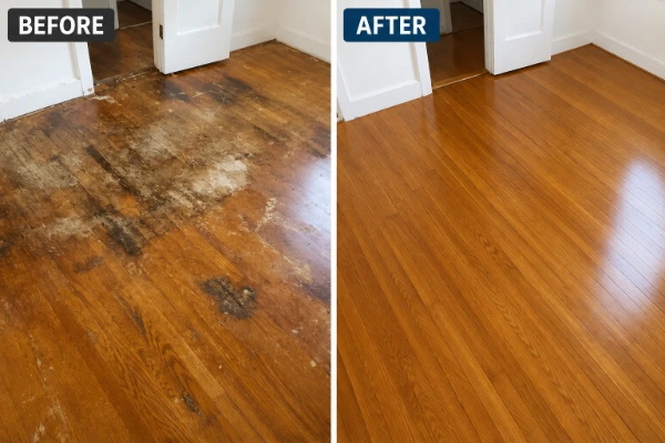 After restoration: water damaged hardwood floor in Palmetto Park Road home Boca Raton — salvaged and dried over 5 days