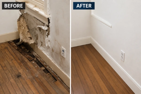 After restoration: water damaged floor and wall in Boca West Country Club home — baseboard replacement and drywall repair done