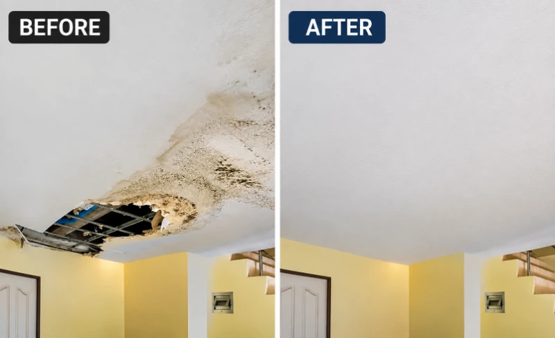 After restoration: water damaged ceiling near Mizner Park Boca Raton — moisture remediation and drywall repair finished