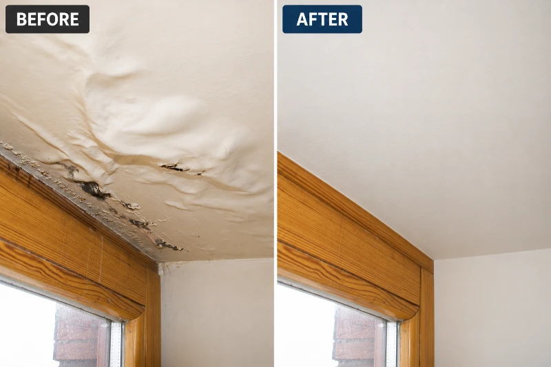 After restoration: water damaged roof in Royal Palm Yacht Club Boca Raton — repaired ceiling and structural drying completed
